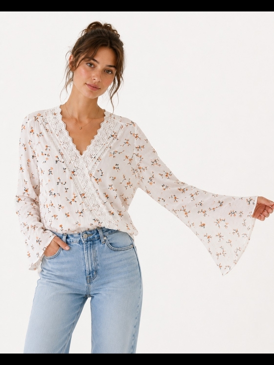 just polly Tops - Just Polly Floral Lace Wrap Tie Front Bell Sleeve Blouse Top Women’s XL Boho